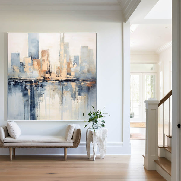 Modern Blue Skyline Canvas Wall Art Abstract Painting With Acrylic Cityscape Canvas Art Large city painting
