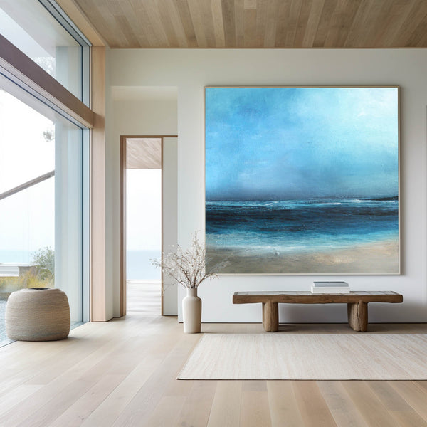 Large Beach Artwork Square Blue Ocean Painting Oversized Beach Canvas Wall Art