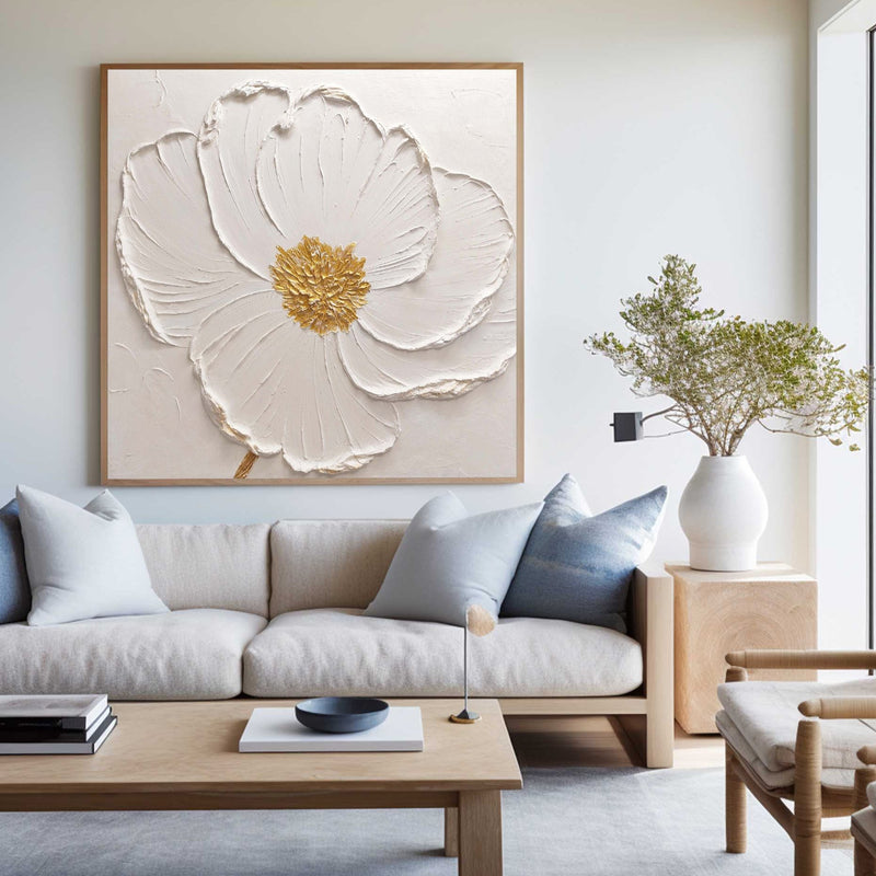 3D White Flower Painting Minimalist Plaster Art On Canvas Modern Flower Painting For livingroom