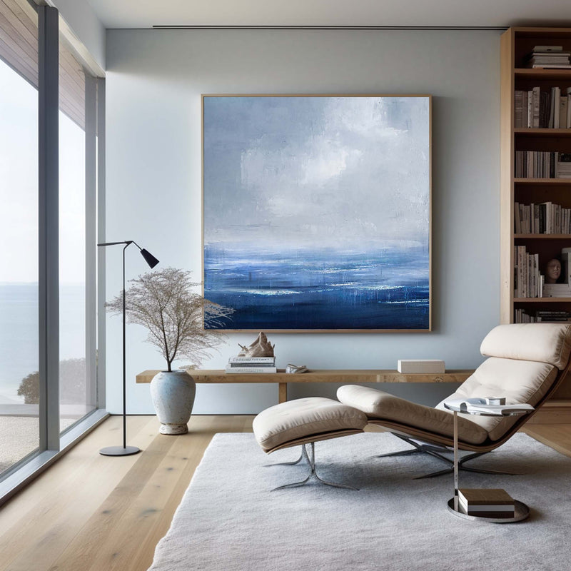 Blue Abstract Ocean Painting On Canvas Framed Modern Ocean Canvas Art Large Canvas Wall Art