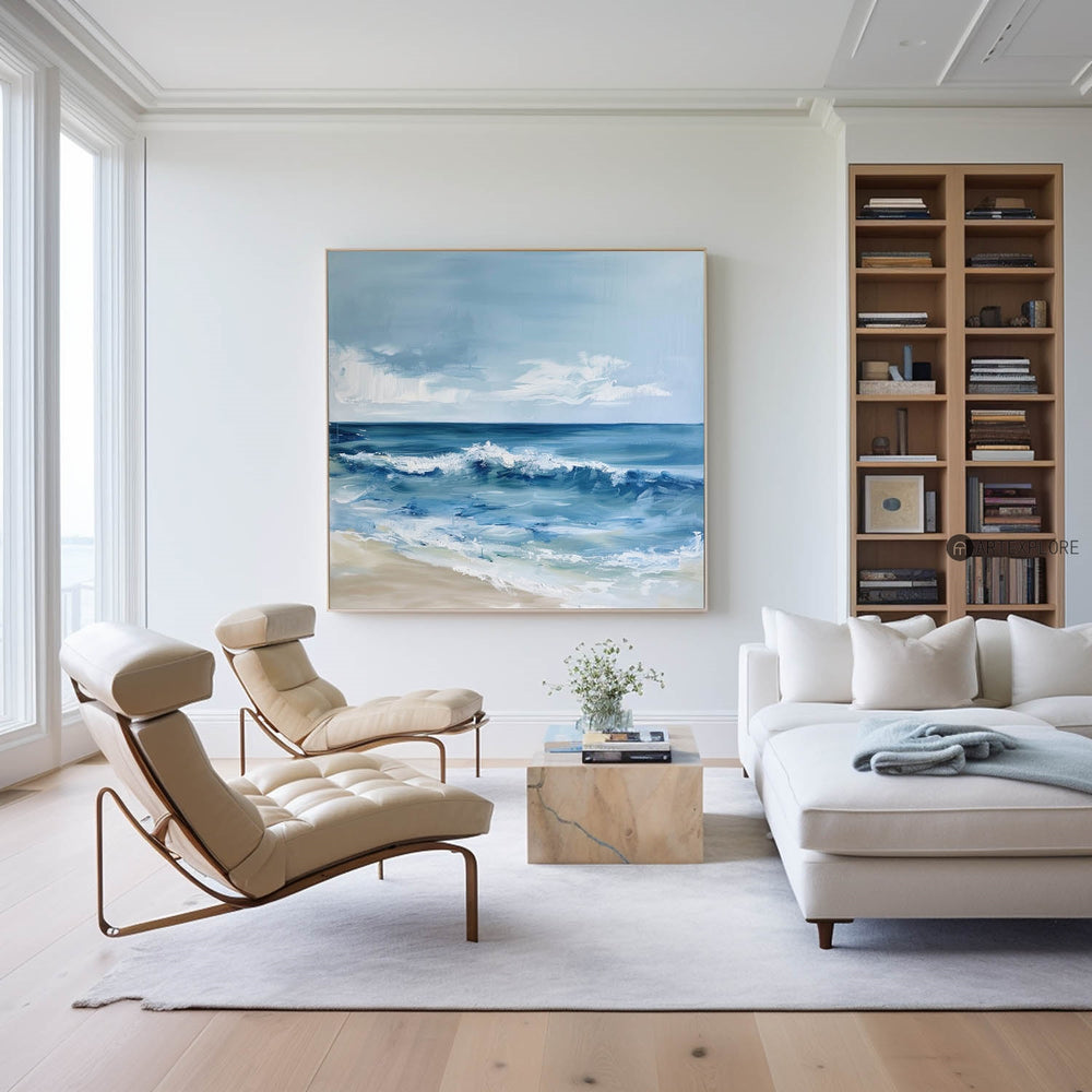 Original Abstract Blue And White Ocean Painting Tropical Beach Canvas Wall Art Large Modern Seascape Paintings 