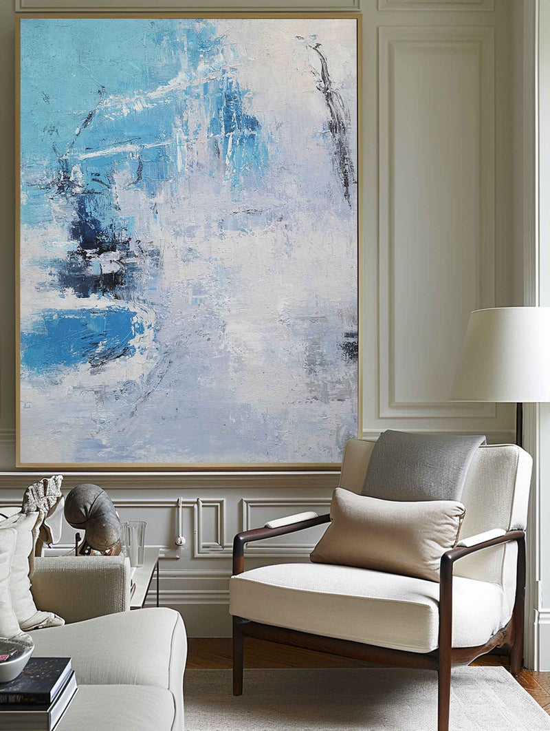 Large Blue Abstract Painting On Canvas Original Blue And White Canvas Paintings Oversized Light Blue Paintings Living Room Canvas Art