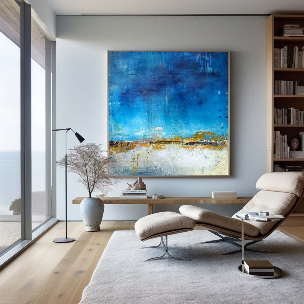 Large Blue Abstract Art Navy Blue And Yellow Wall Art For Bedroom