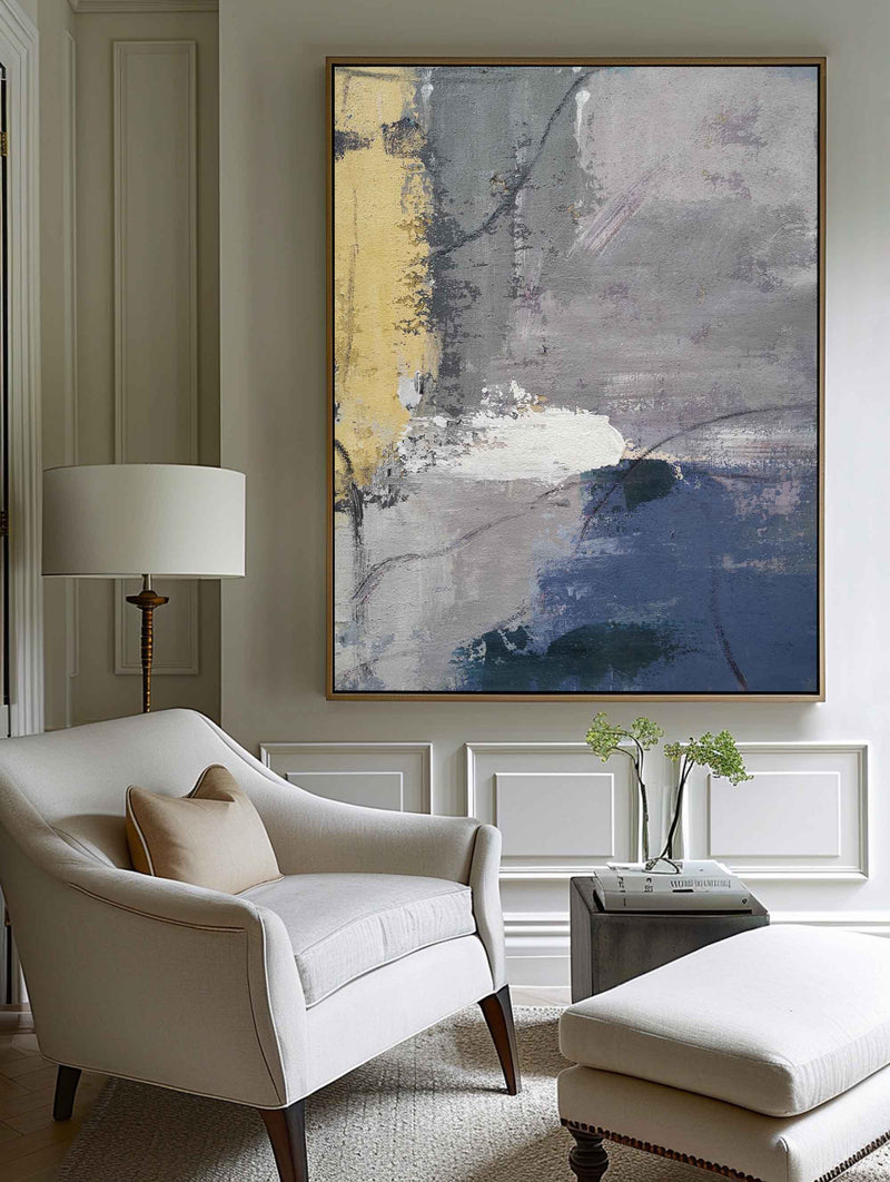 Large Blue Abstract Painting On Canvas Grey And Blue Abstract Artwork Gray And Yellow Canvas Art Oversized Modern Paintings For Living Room