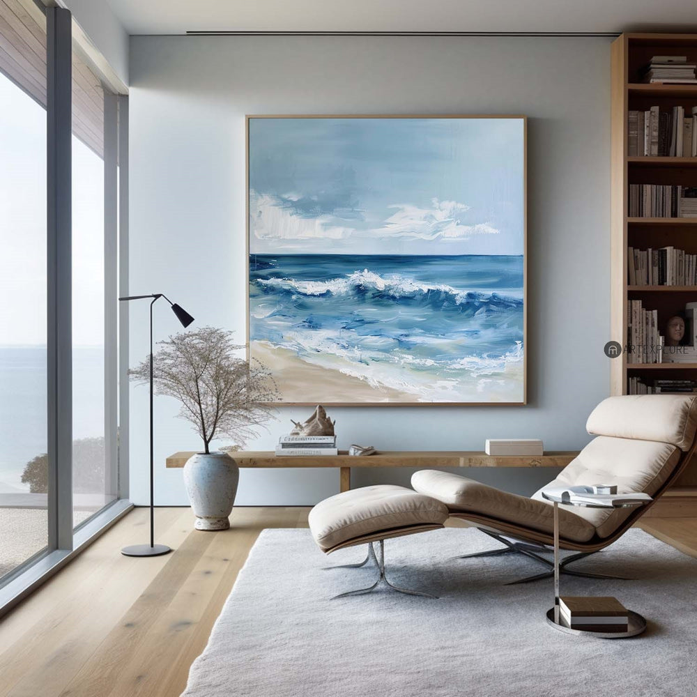 Original Abstract Blue And White Ocean Painting Tropical Beach Canvas Wall Art Large Modern Seascape Paintings 