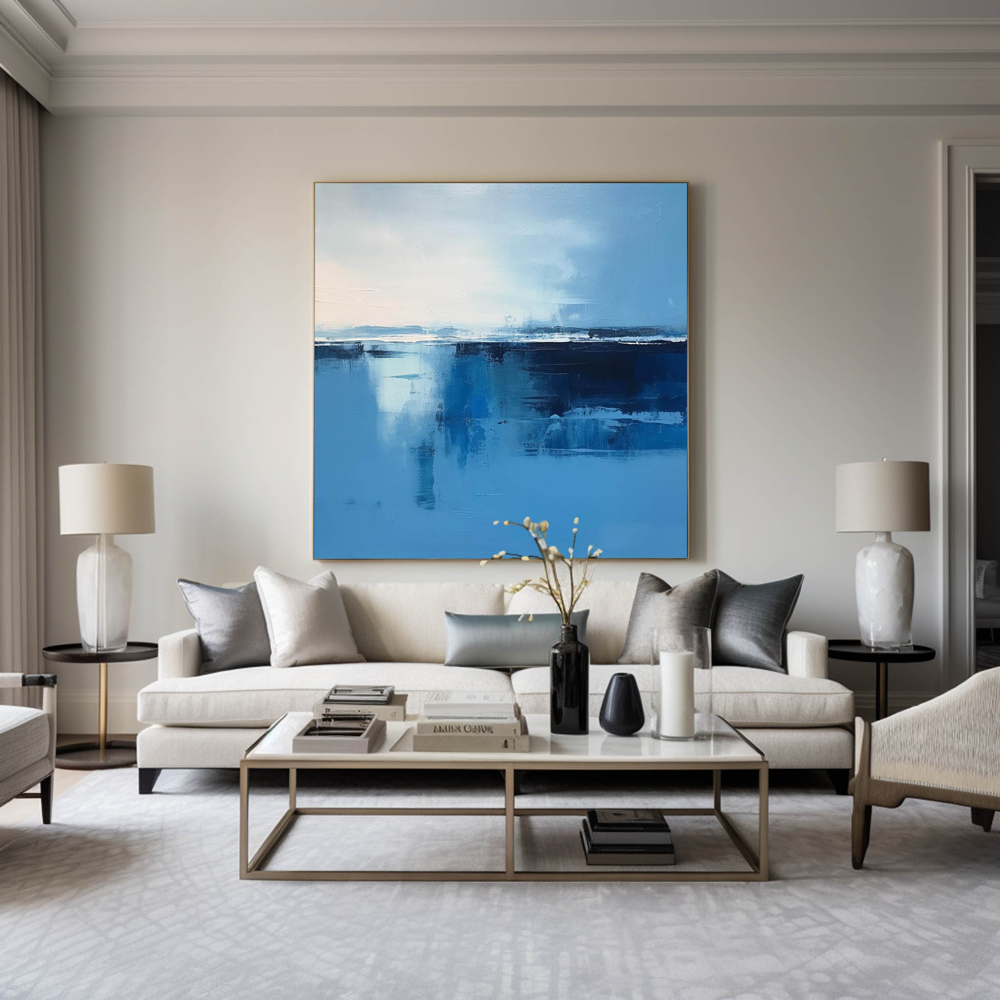 Blue and White Minimalist Abstract Art On Canvas Modern Painting Abstract Painting For livingroom