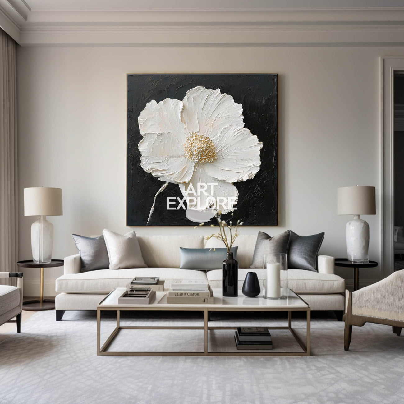 3D White Flower Abstract Painting Minimalist Abstract Art On Canvas Modern Flower Painting Painting For livingroom 
