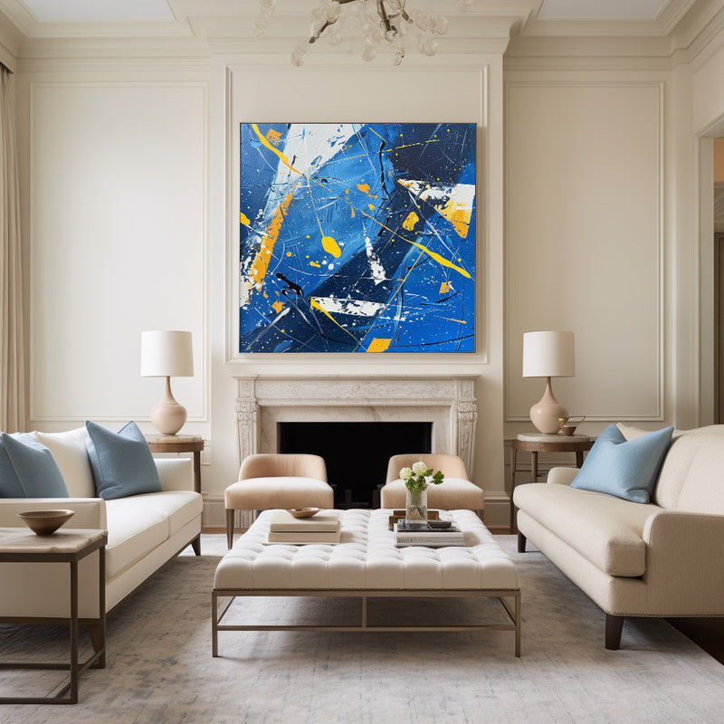 Modern Abstract Blue And Yellow Wall Art Original Colorful Canvas ...