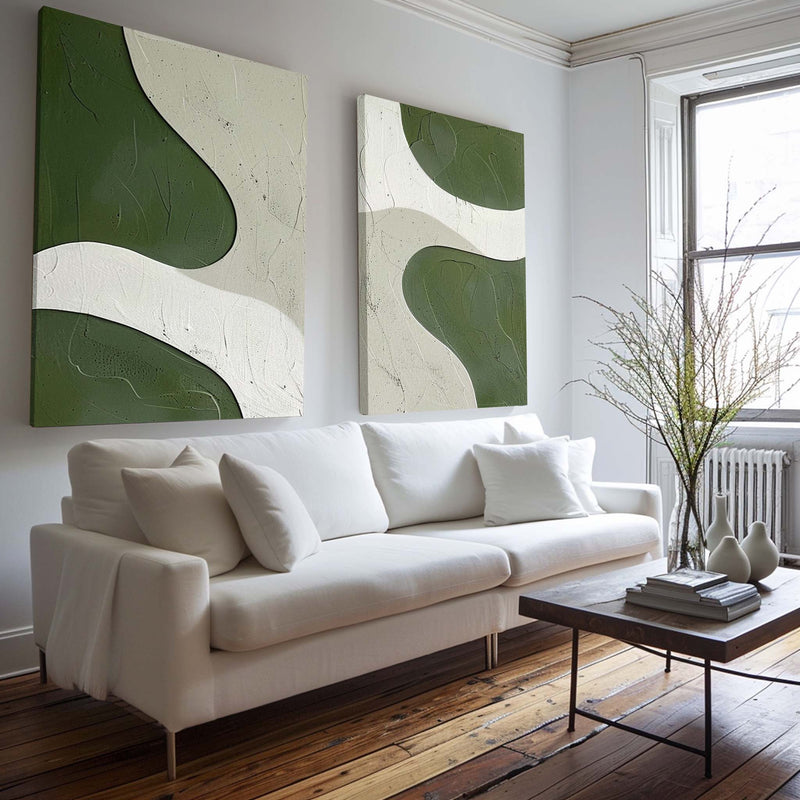 White And Green Diptych Painting Set Of 2 Minimalist Art Abstract Canvas Wall Art