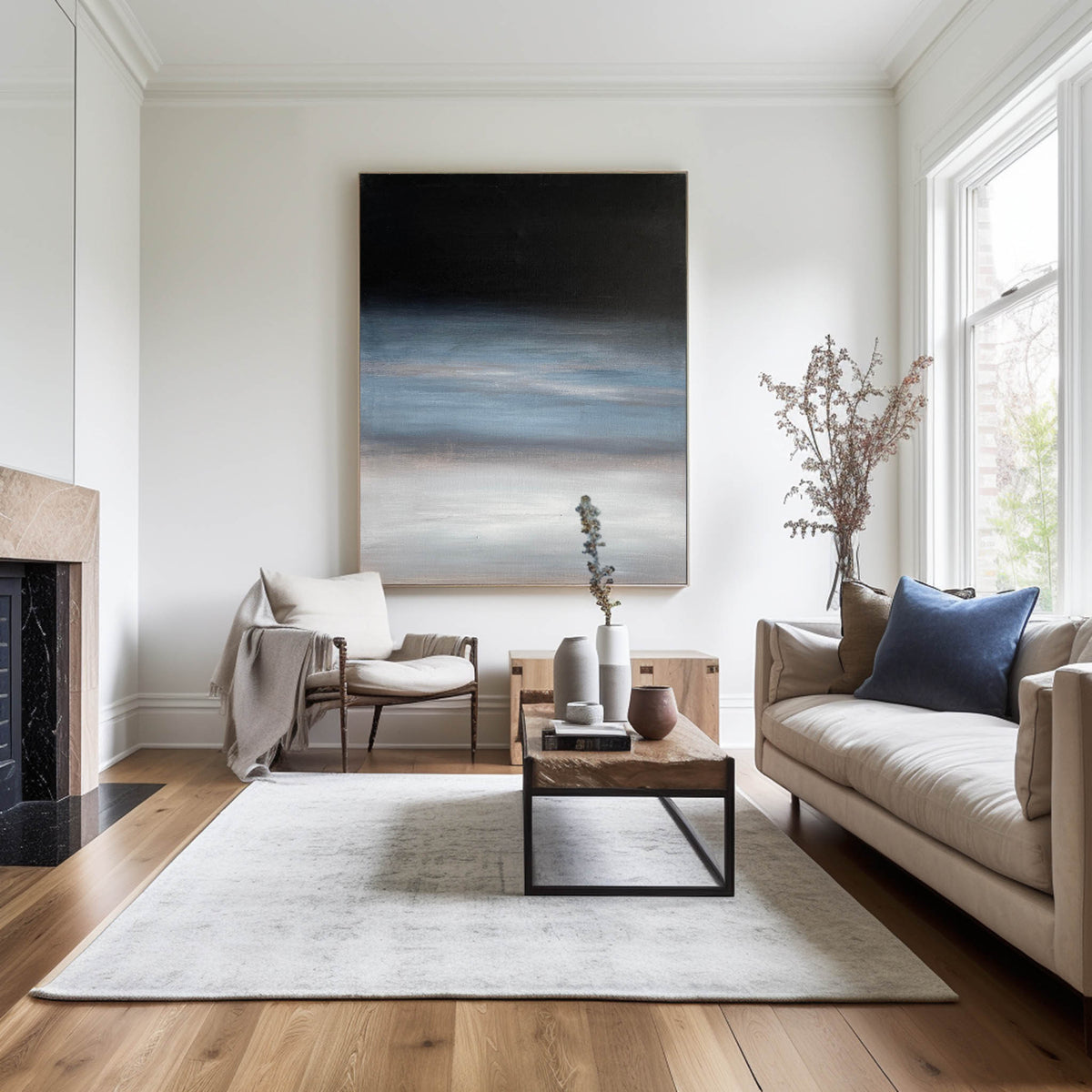 Modern Black Blue Minimalist Painting Abstract Oil Painting Canvas Wall Art For Livingroom