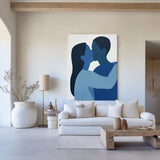 Modern Kissing Lovers Canvas Wall Art Blue Canvas Art Large Minimalist Portrait Painting For Sale