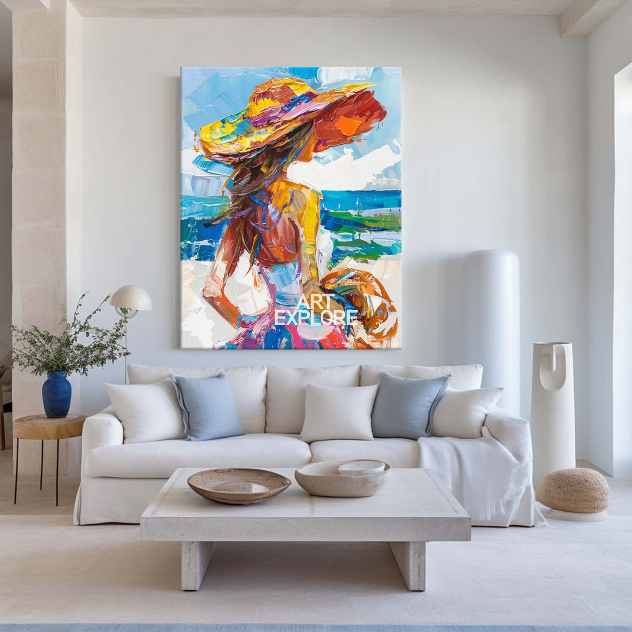 Girl On The Ocean Abstract Oil Painting, Joyful Woman At A Hawaiian Beach Art, Unique Colorful Art