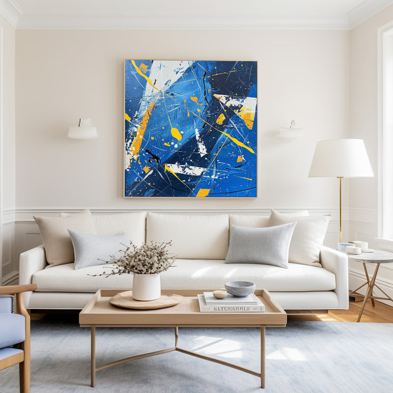 Modern Abstract Blue And Yellow Wall Art Original Colorful Canvas Painting For Living Room