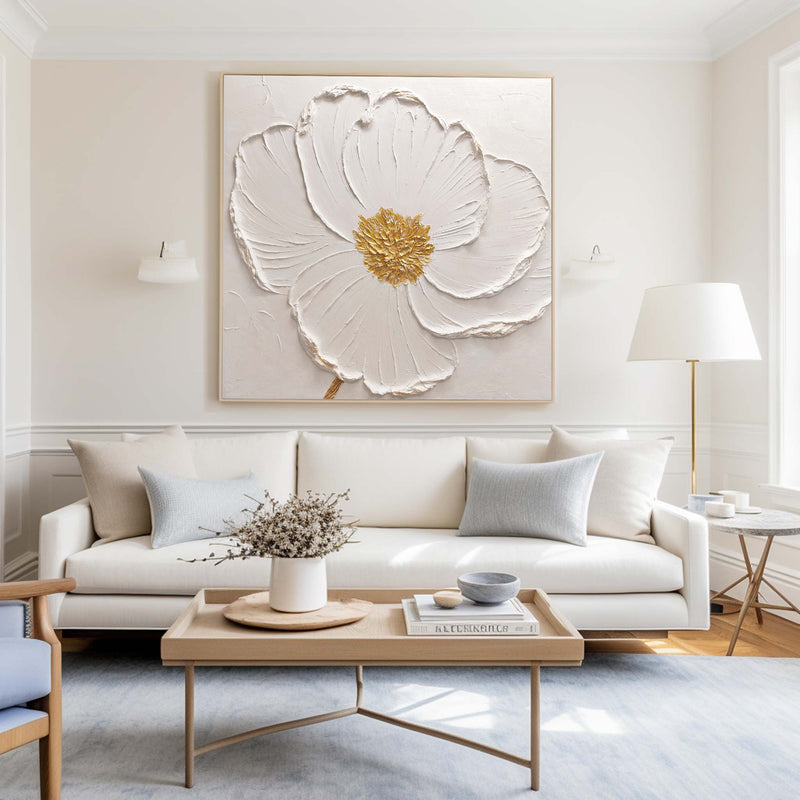 3D White Flower Painting Minimalist Plaster Art On Canvas Modern Flower Painting For livingroom