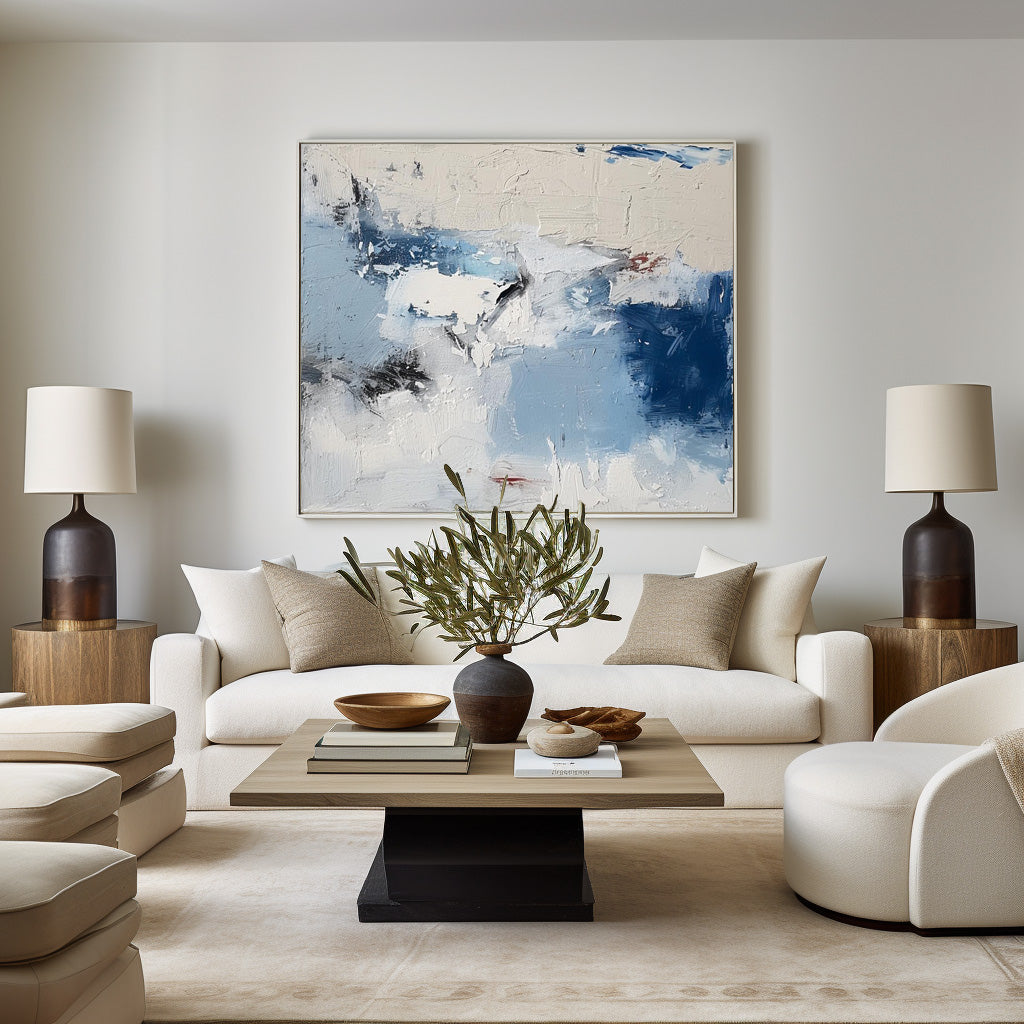 Modern Plaster Blue Textured Wall Art Large White Blue Minimalist Canvas Abstract Painting For Sale