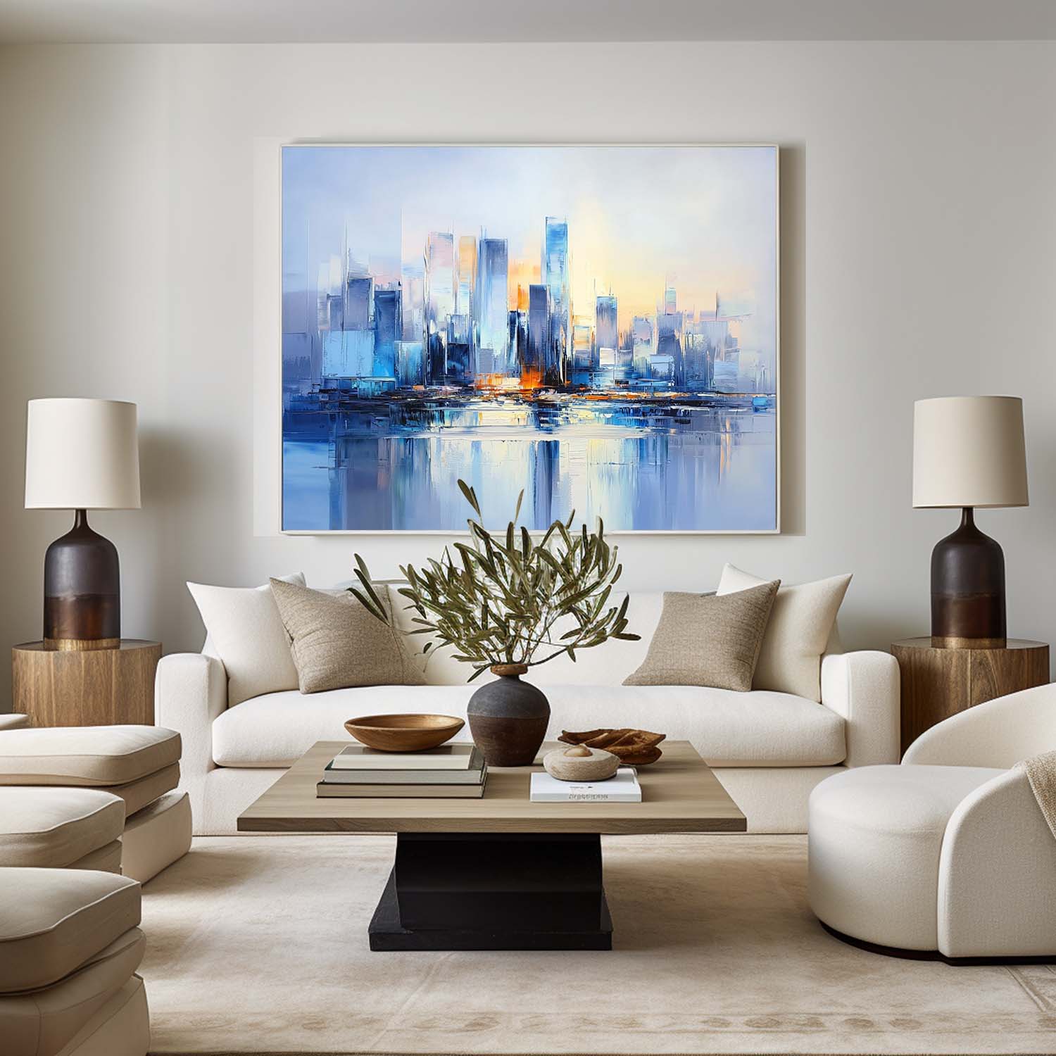 Large Urban Painting Blue Cityscape Painting Rich Textured Palette Knife Artworks For Sale