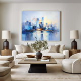 Large Urban Painting Blue Cityscape Painting Rich Textured Palette Knife Artworks For Sale