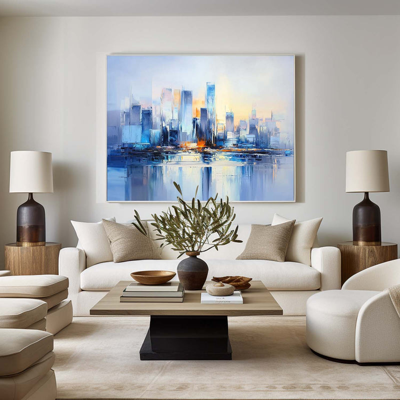 Large Urban Painting Blue Cityscape Painting Rich Textured Palette Knife Artworks For Sale
