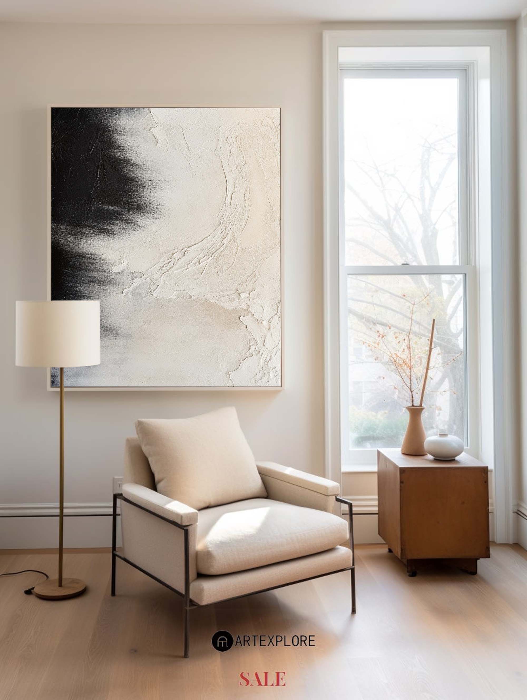 Large Black and Beige Painting Seashore Wall Art Rich Textured Art Painting For Sale