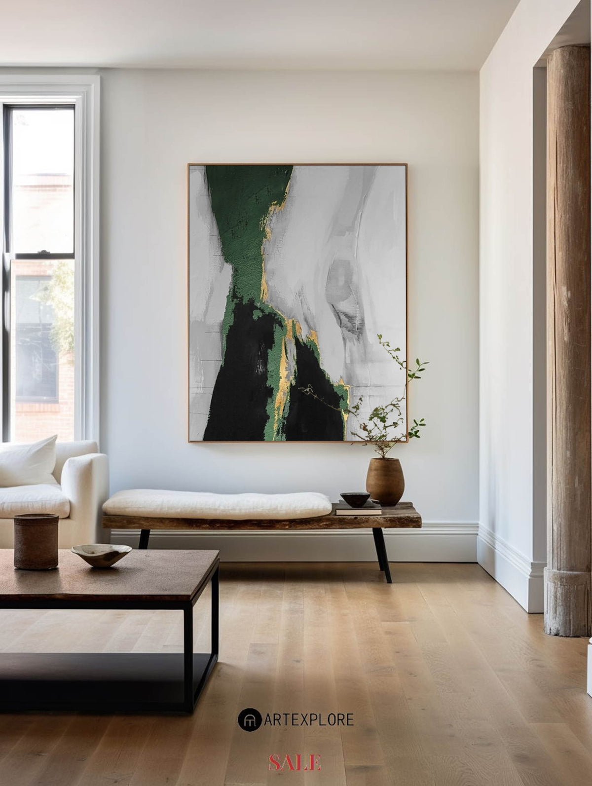 Large Green And Gold Abstract Wall Art Framed Abstract Art Green Abstract Painting Impressionism Abstract 