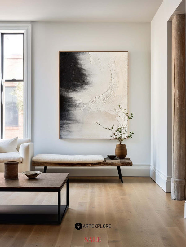 Large Black and Beige Painting Seashore Wall Art Rich Textured Art Painting For Sale