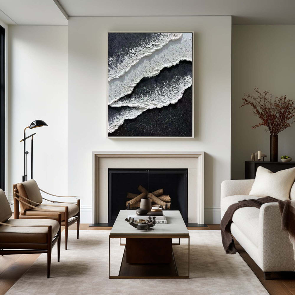 Black And White Plaster Painting Black Seashore Wall Art Painting Plaster Textured Art Painting