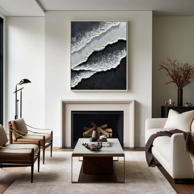 Black And White Plaster Painting Black Seashore Wall Art Painting Plaster Textured Art Painting