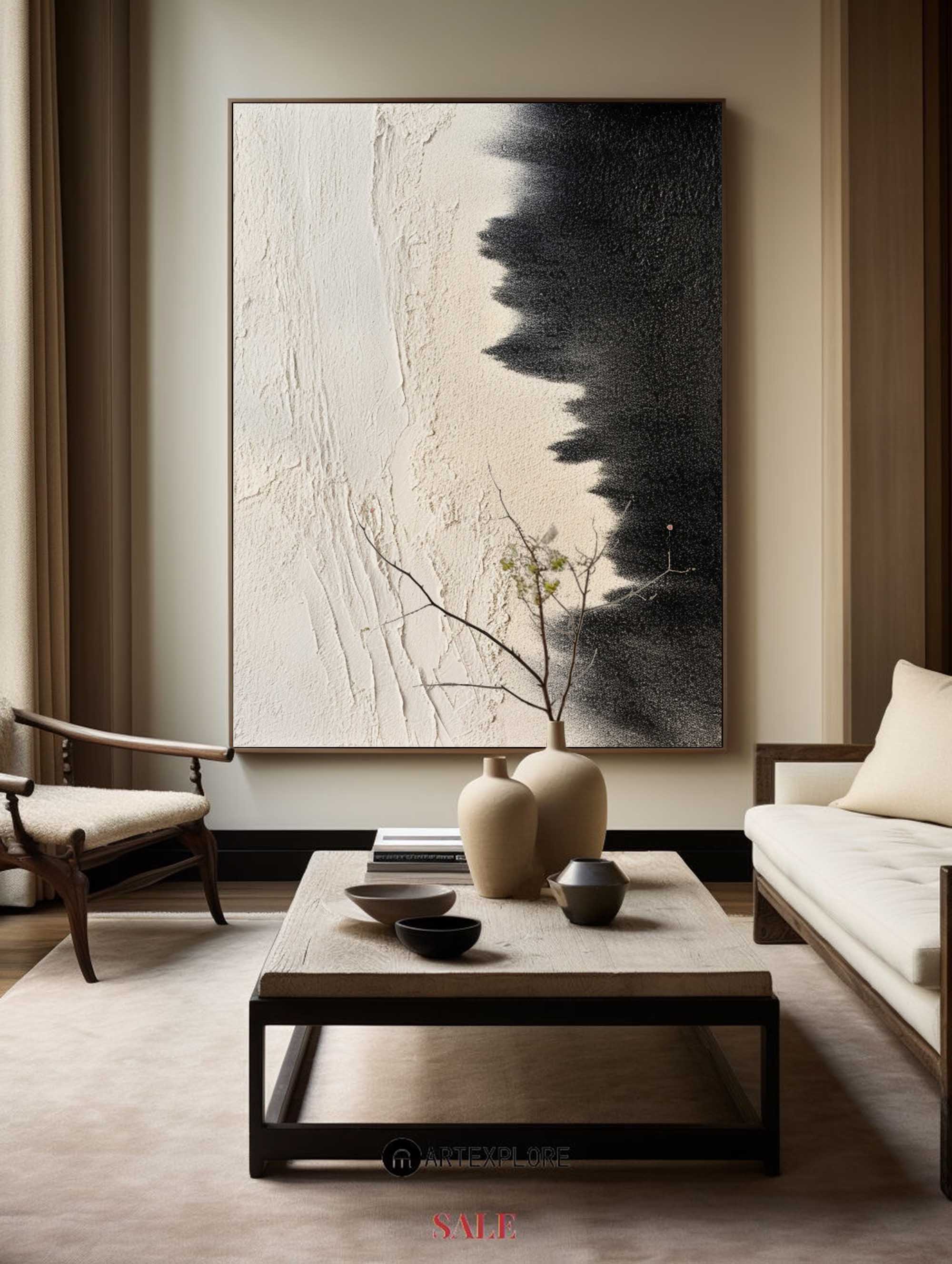 Black And Beige Minimalsit Painting Black Seashore Wall Art Painting Textured Art Painting For Sale