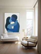 Large Loving Couple Canvas Painting Blue Minimalist Kissing Lovers Painting Modern Portrait Wall Art