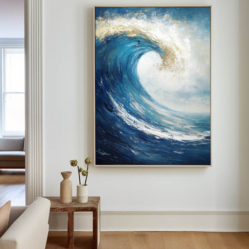 Large Vertical Blue Ocean Wave Paintings Blue Sea Wall Art Handmade Blue Textured Wall Art 