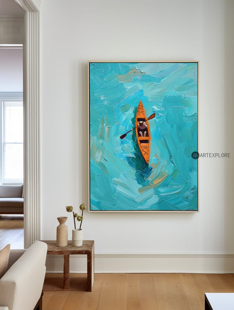 Large Abstract Green Lake Art Paintings Rich Textured Artwork Boatman Paintings Acrylic Seascape Paintings Canvas Home Decor 