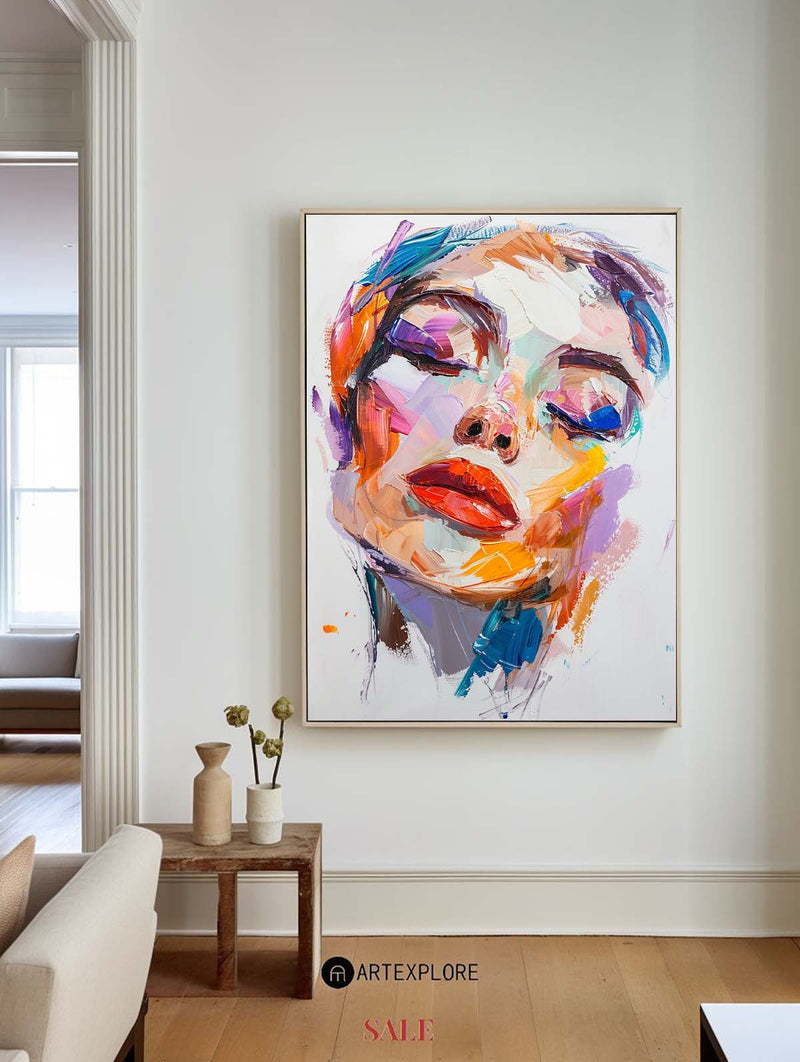 Abstract Women Face Acrylic Painting  Big Colorful Wall Decor Large Portrait Painting Living Room