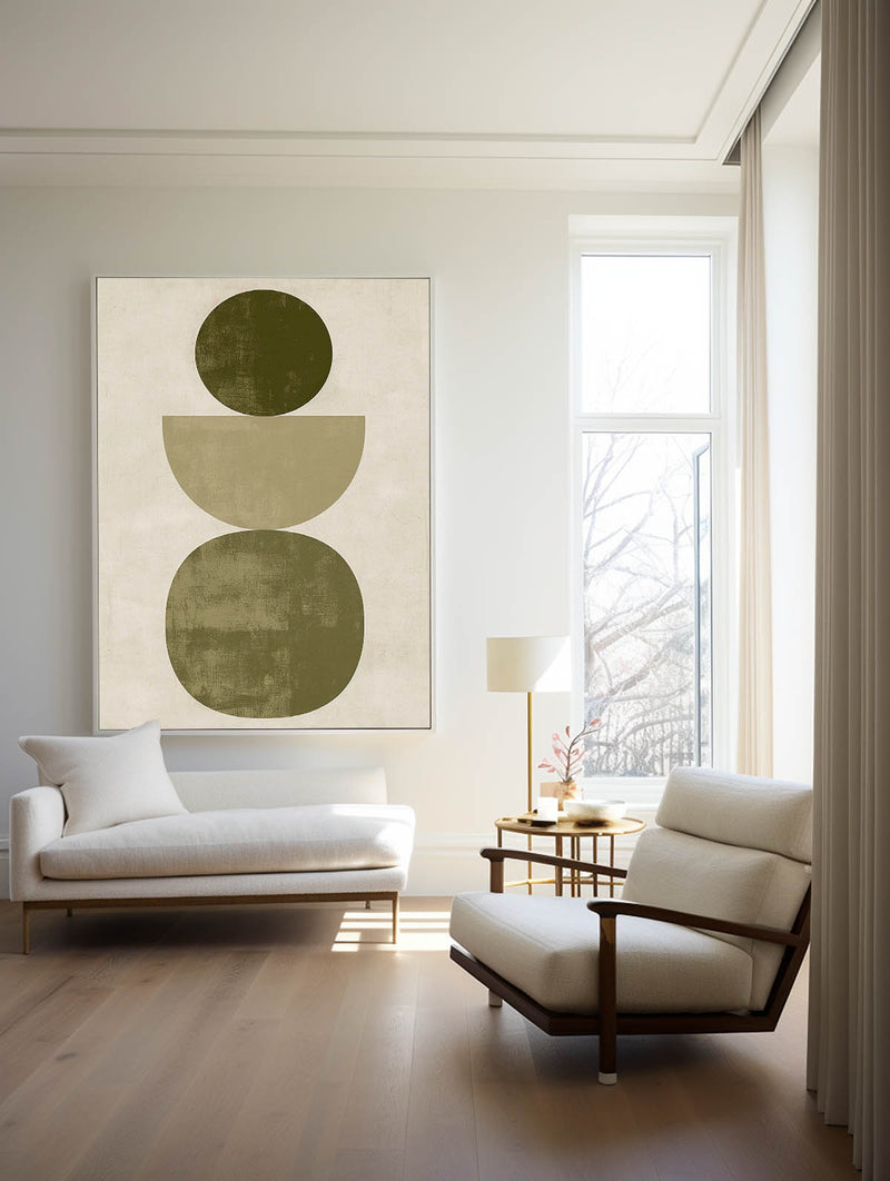 Large Beige And Green Abstract Painting Geometric Art Painting Modern Nordic Style On Canvas