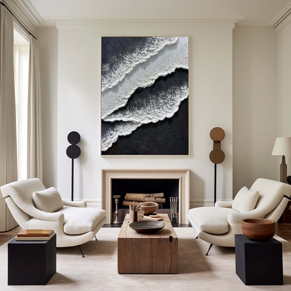 Black And White Plaster Painting Black Seashore Wall Art Painting Plaster Textured Art Painting