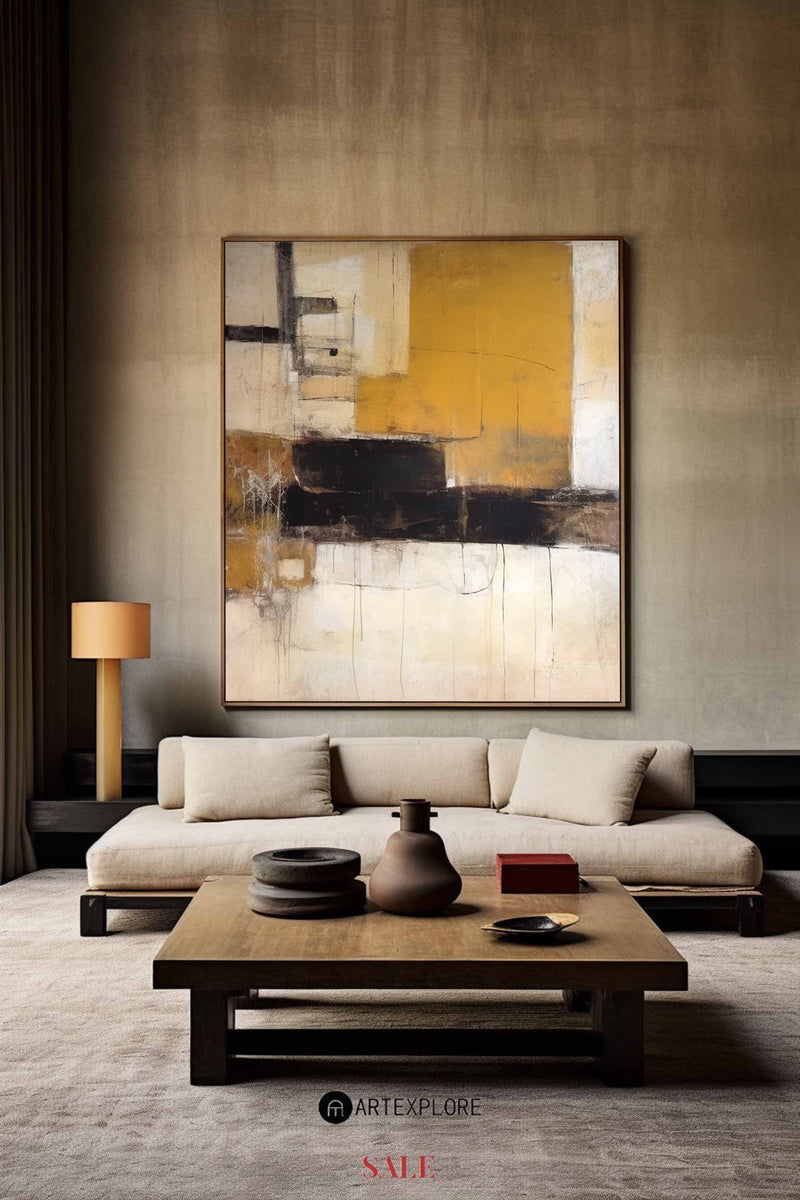 Dark Yellow Abstract Art On Canvas Modern Beige Palette Knife Painting Abstract Painting For Sale