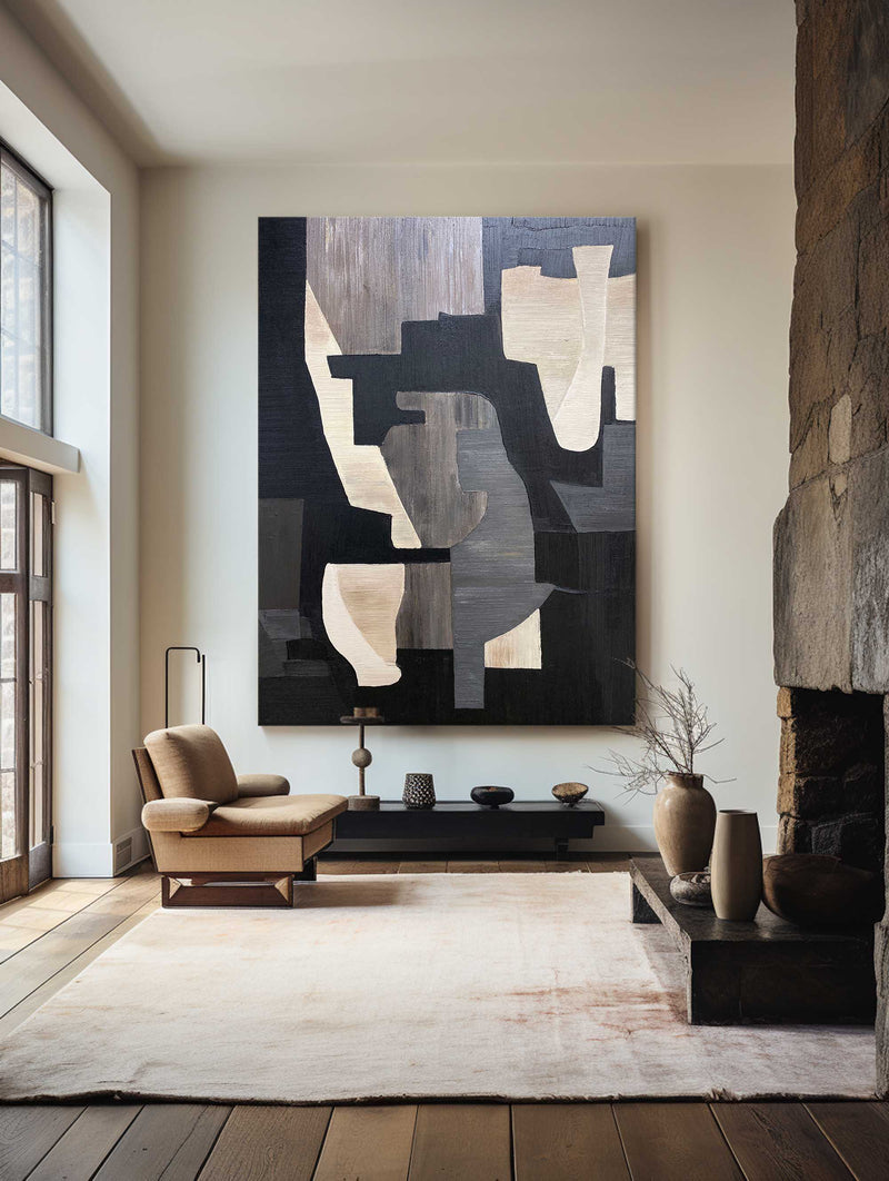 Black Beige Rich Textured Abstract Art Large Acrylic Painting Canvas Livingroom Artworks For Sale