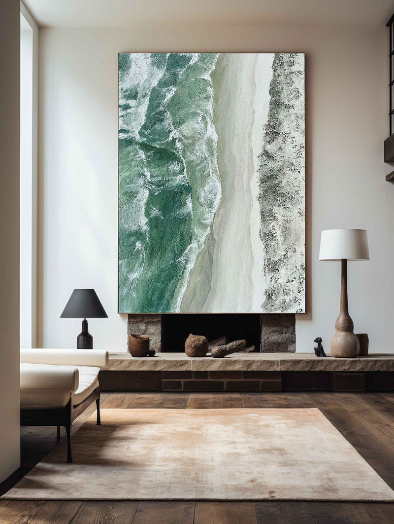 Green Seascape Wall Art Livingroom Canvas Wall Art Sea Shore Acrylic Abstract Painting For Sale