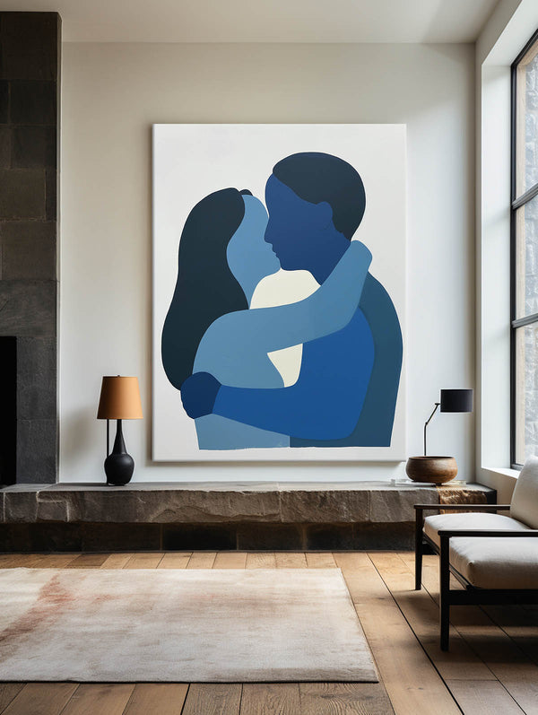 Large Loving Couple Canvas Painting Blue Minimalist Kissing Lovers Painting Modern Portrait Wall Art