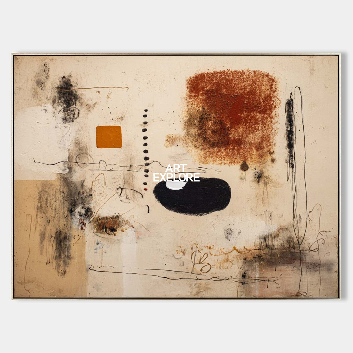 Large Modern Abstract Painting With Earthy Beige And Black Tones For Living Room Decor