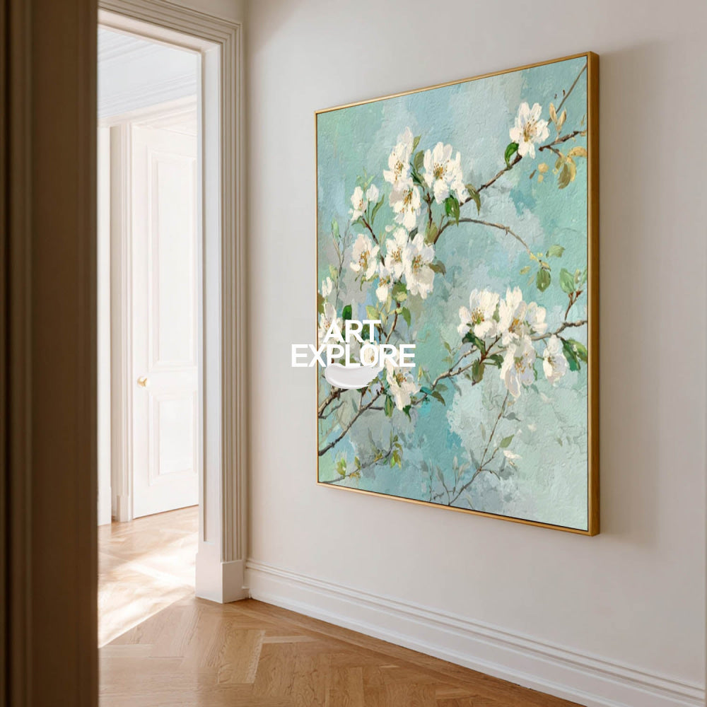 Modern White Blossom Art With Textured Green Leaves For Living Room