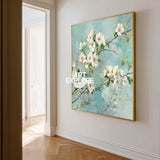 Modern White Blossom Art With Textured Green Leaves For Living Room