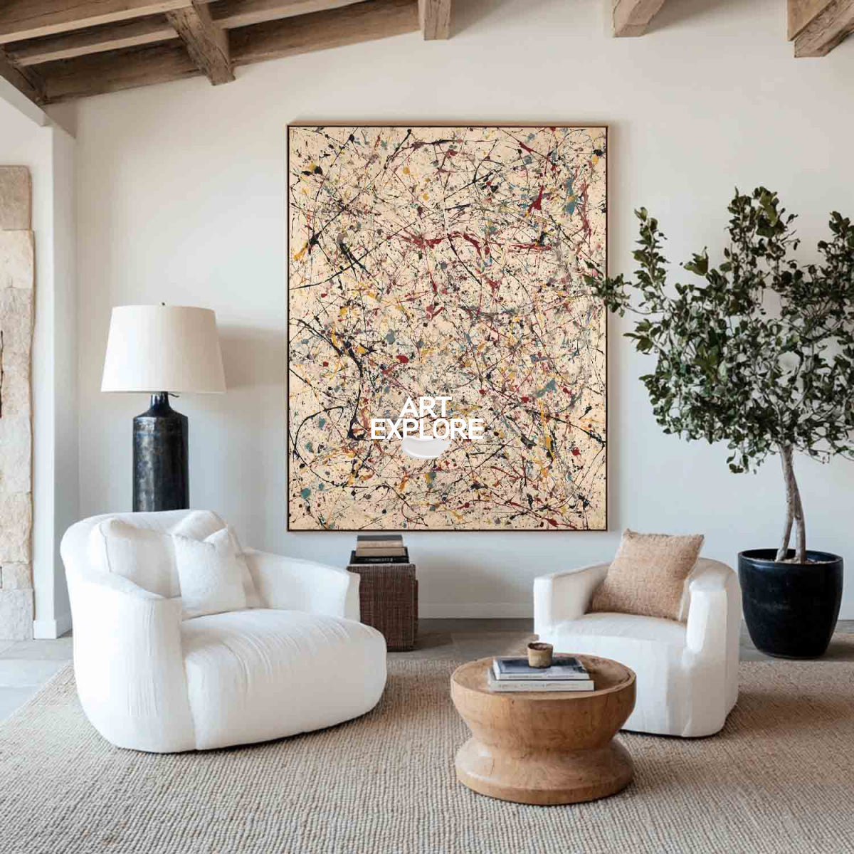 Modern Abstract Vertical Art With Beige And Multicolor Lines For Living Room