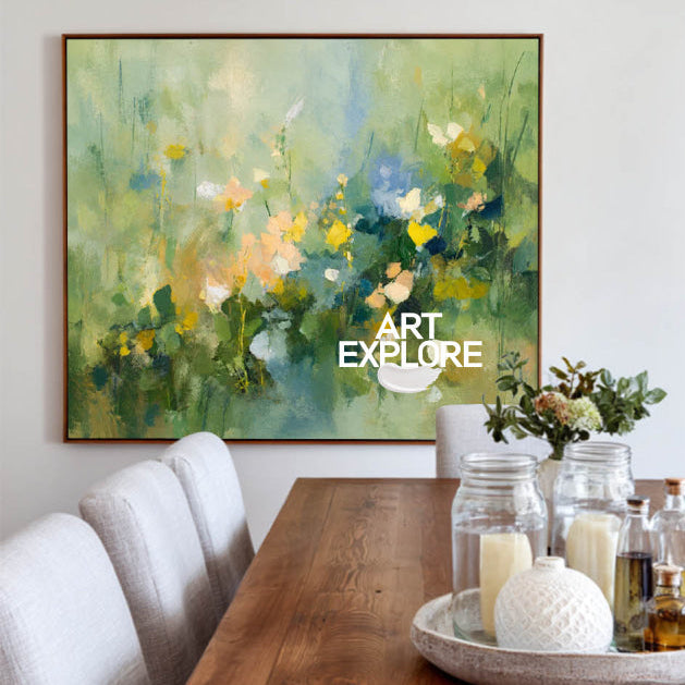 Textured Abstract Wildflower Painting In Green And Yellow For Modern Living Room Decor