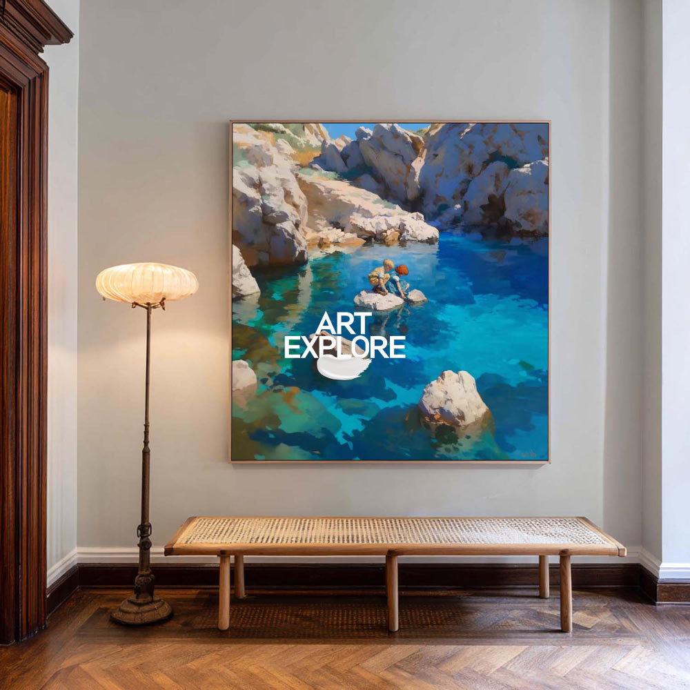 Abstract Turquoise Seascape Painting With Figures In Square Frame For Modern Home Decor