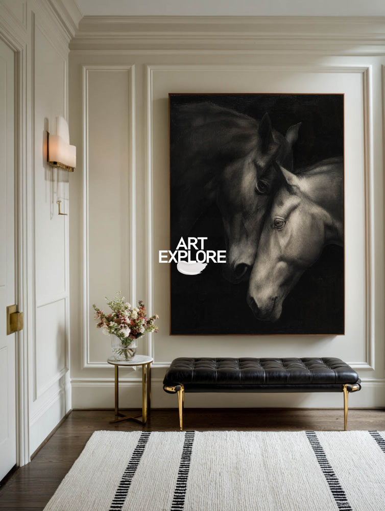 Luxury Black White Horse Art Signed Original Piece For Home Office Entryway