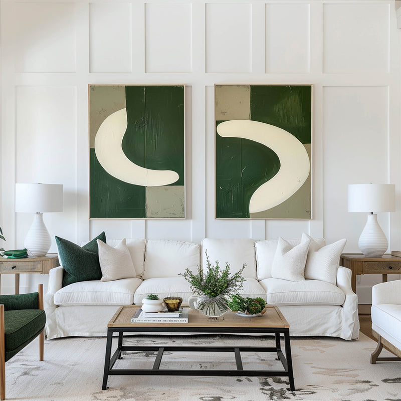 Green And White Diptych Painting 2 piece Geometric Minimalist Art Acrylic Painting On Canvas For Sale