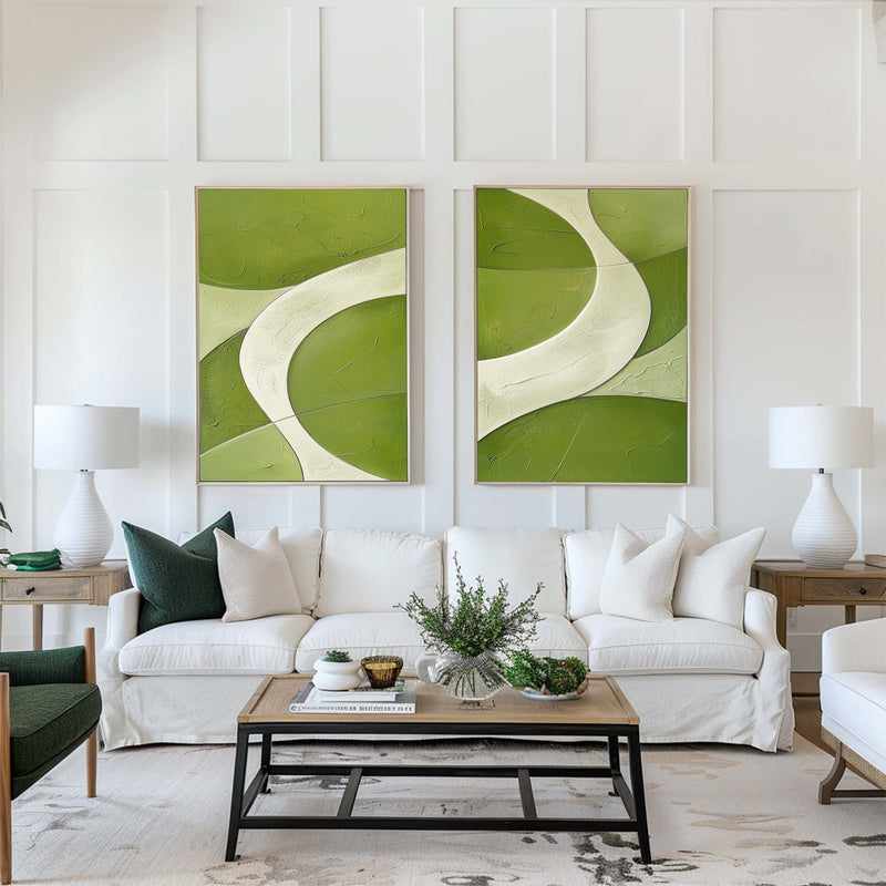 White And Green Diptych Painting 2 piece Minimalist Art Abstract Canvas Wall Art For Living Room