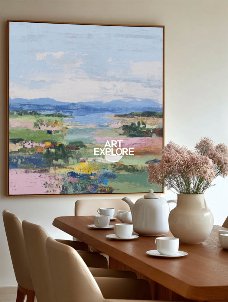 Modern Textured Landscape Painting With Colorful Meadow For Contemporary Home Decor