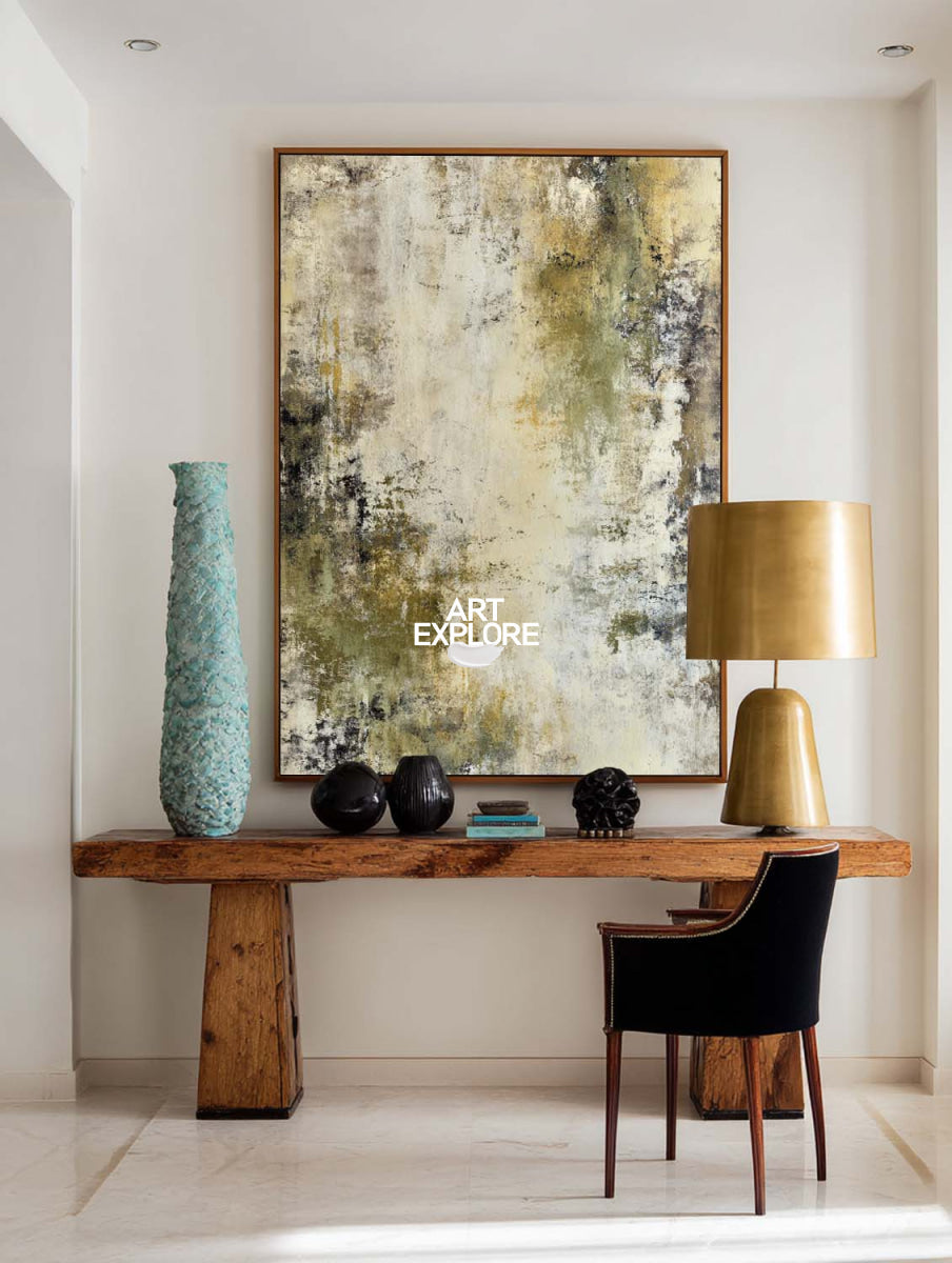 Neutral Abstract Masterpiece In Olive And Cream For Quiet Luxury Interior Styling