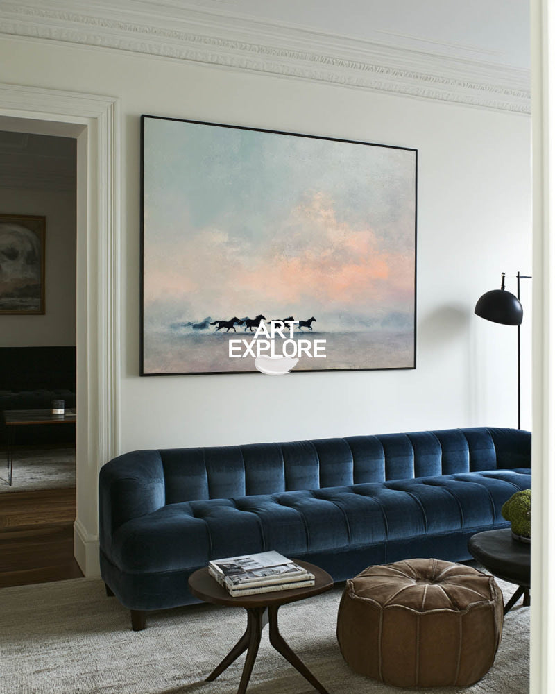 Minimalist Running Horse Painting Textured Blue Grey Wall Art For Living Room